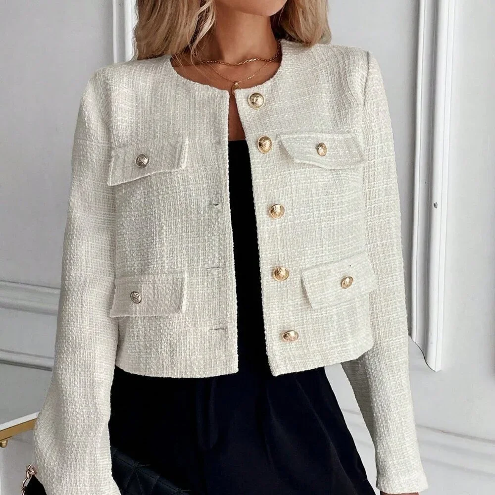 Apricot Elegant Women's Solid Color Tweed Jacket - Picture 4 of 4